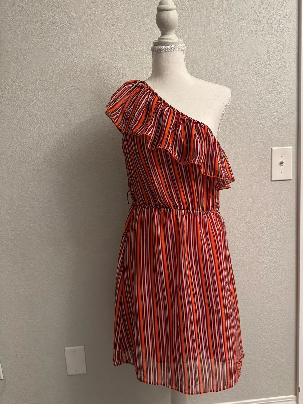 Bisou Bisou by Michele Bohbot One-Shoulder Ruffle Stripe Chiffon Dress 6